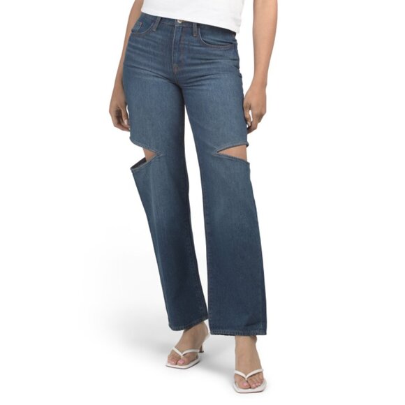 TRIARCHY Dark Indigo Aubrey High Rise Cut Out Straight Leg Jeans - Picture 1 of 2